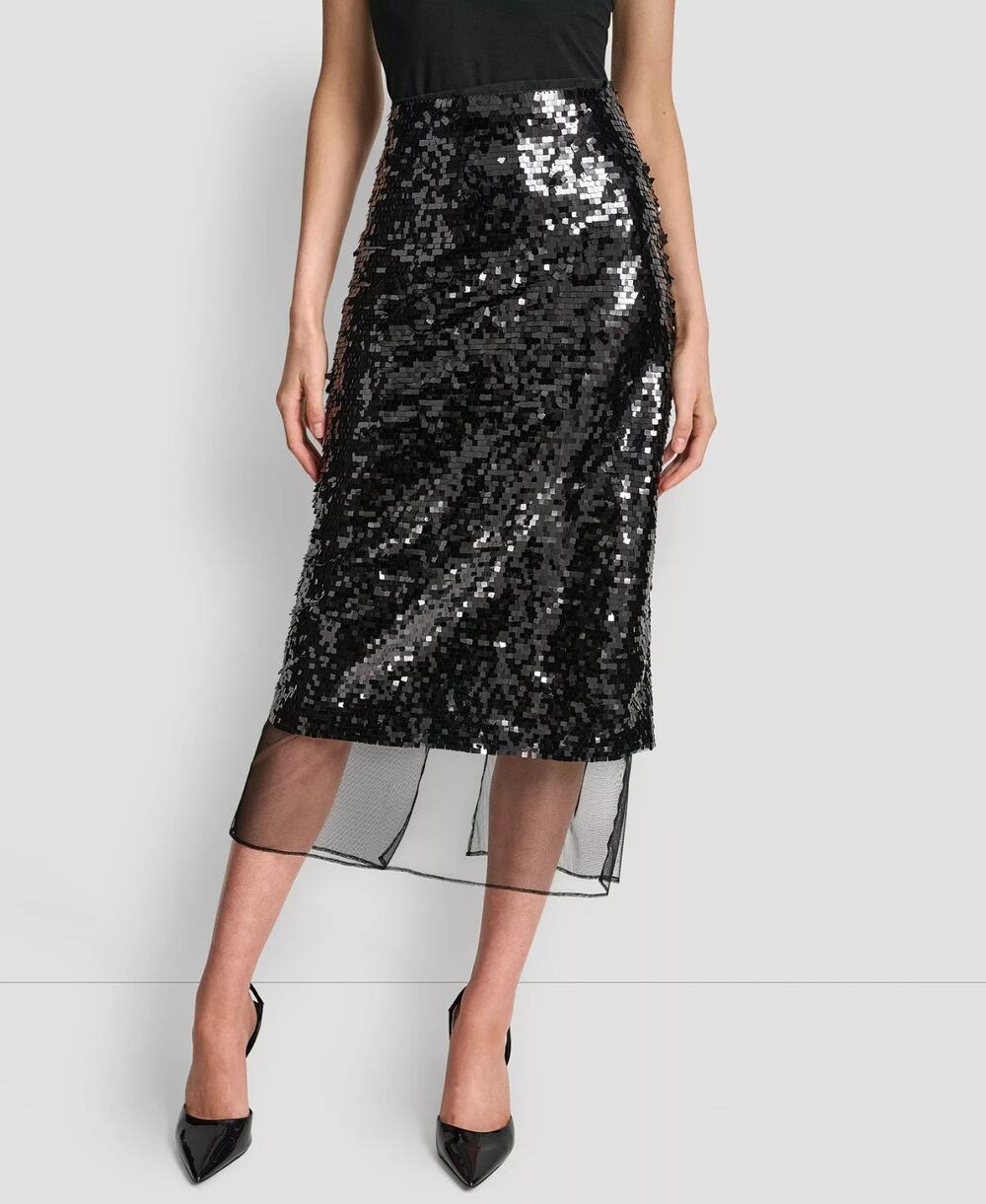 DKNY Sequin Pencil Midi Skirt Women Large Black Sheer Mesh Hem Party Holiday NWT